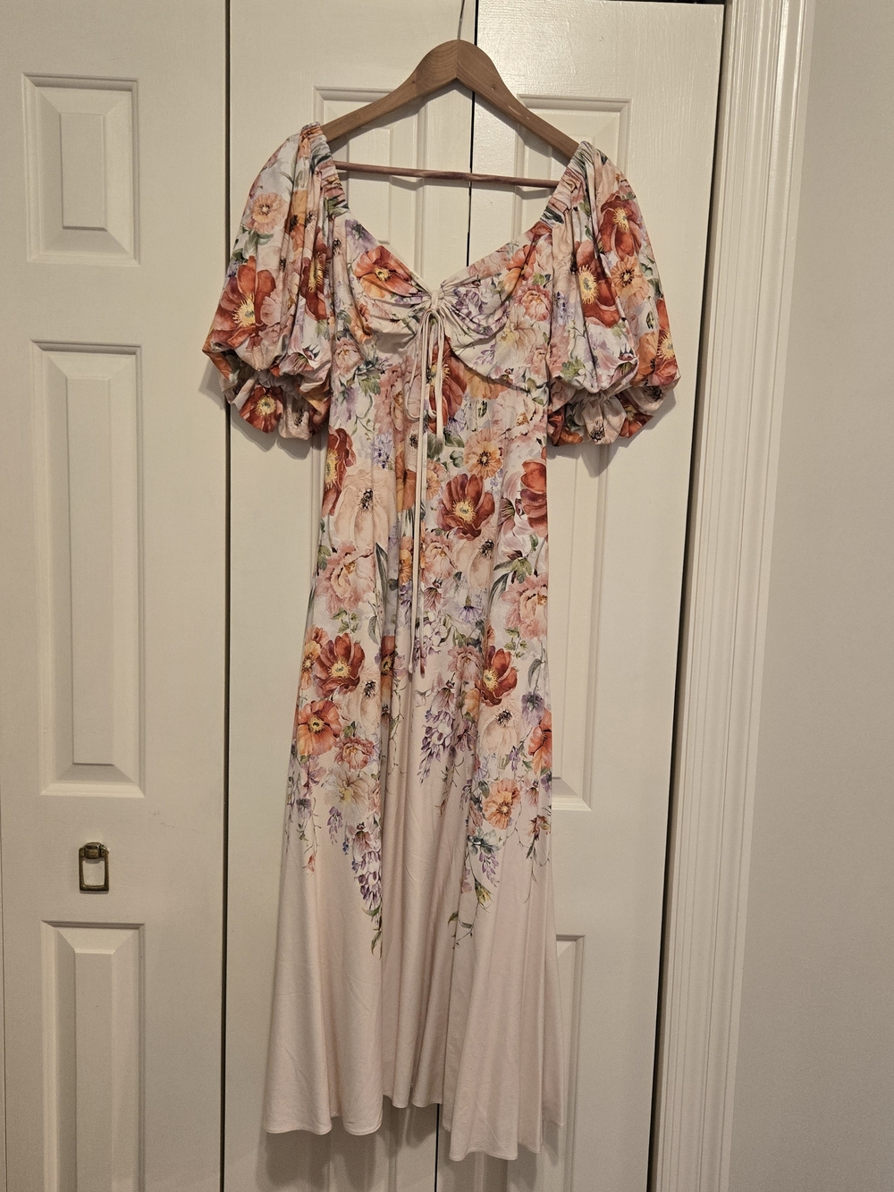Alex Marie Blush Pink Floral Midi Dress with Puff Sleeves